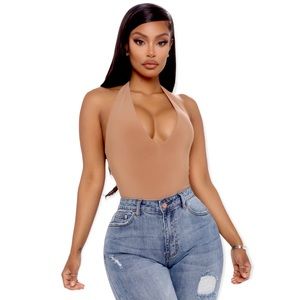 NWT Halter Bodysuit Tokyo Deep V Neck in Nude Mocha